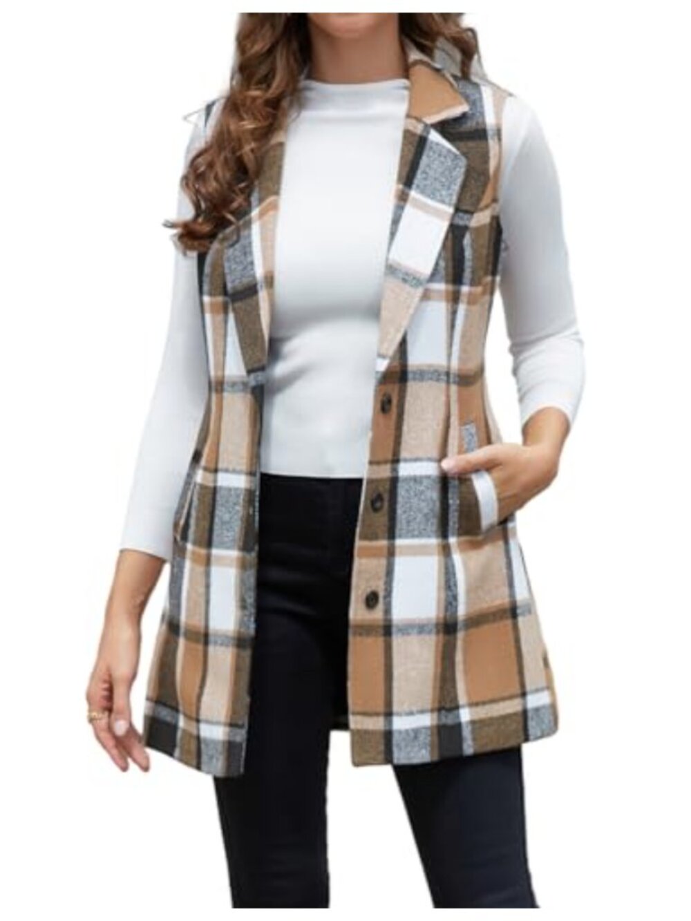 Womens Long Plaid Vest Sleeveless Blazer Wool Blends Notch Lapel Casual